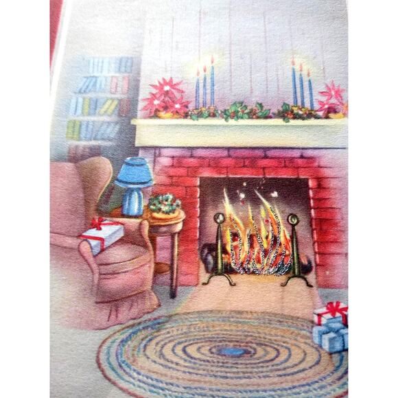 Christmas Greeting Card Vintage Mid Century Modern Glitter Fireplace Cozy Home - Picture 2 of 4